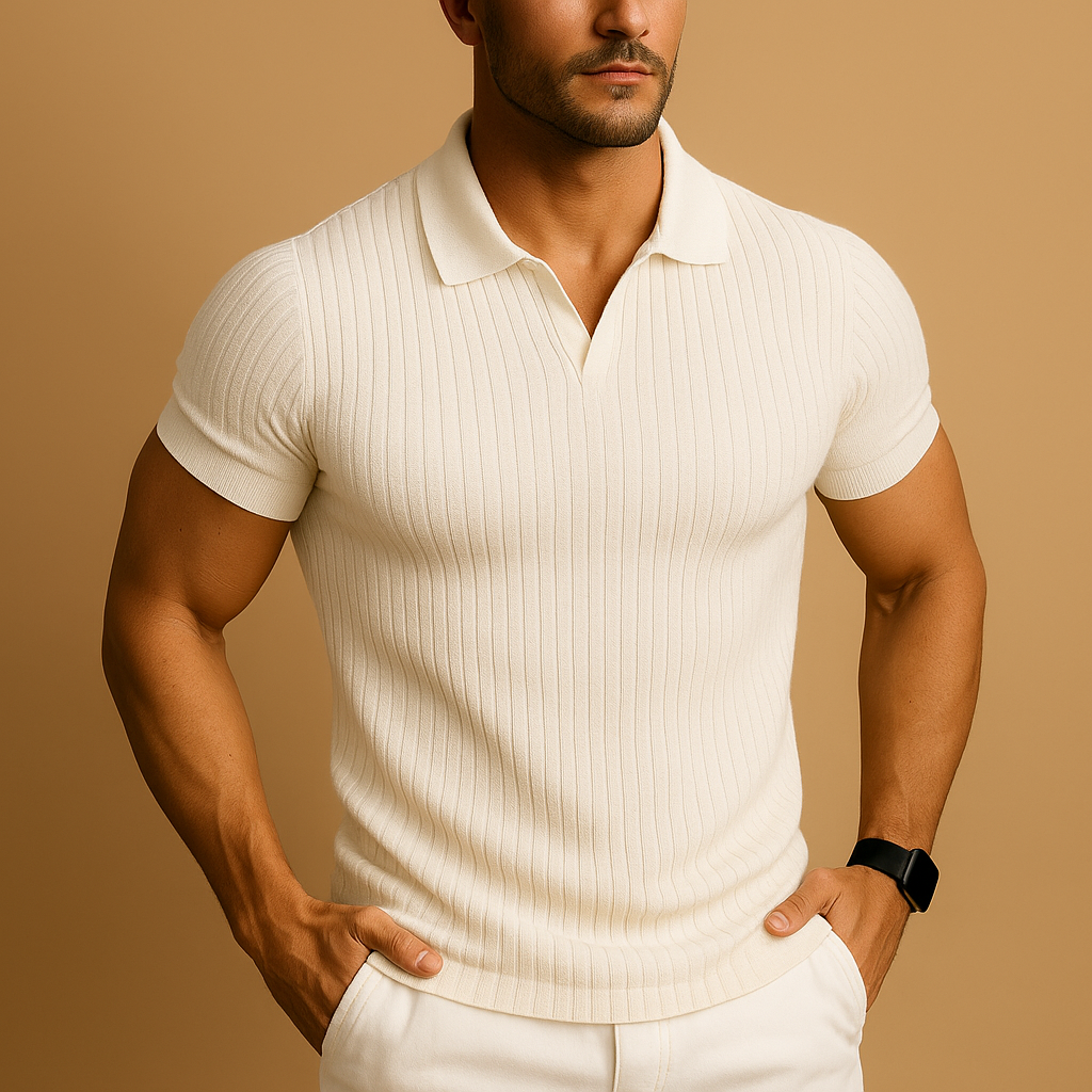 Men's Slim Fit Polo Shirt with V-Neck and Lapel Collar