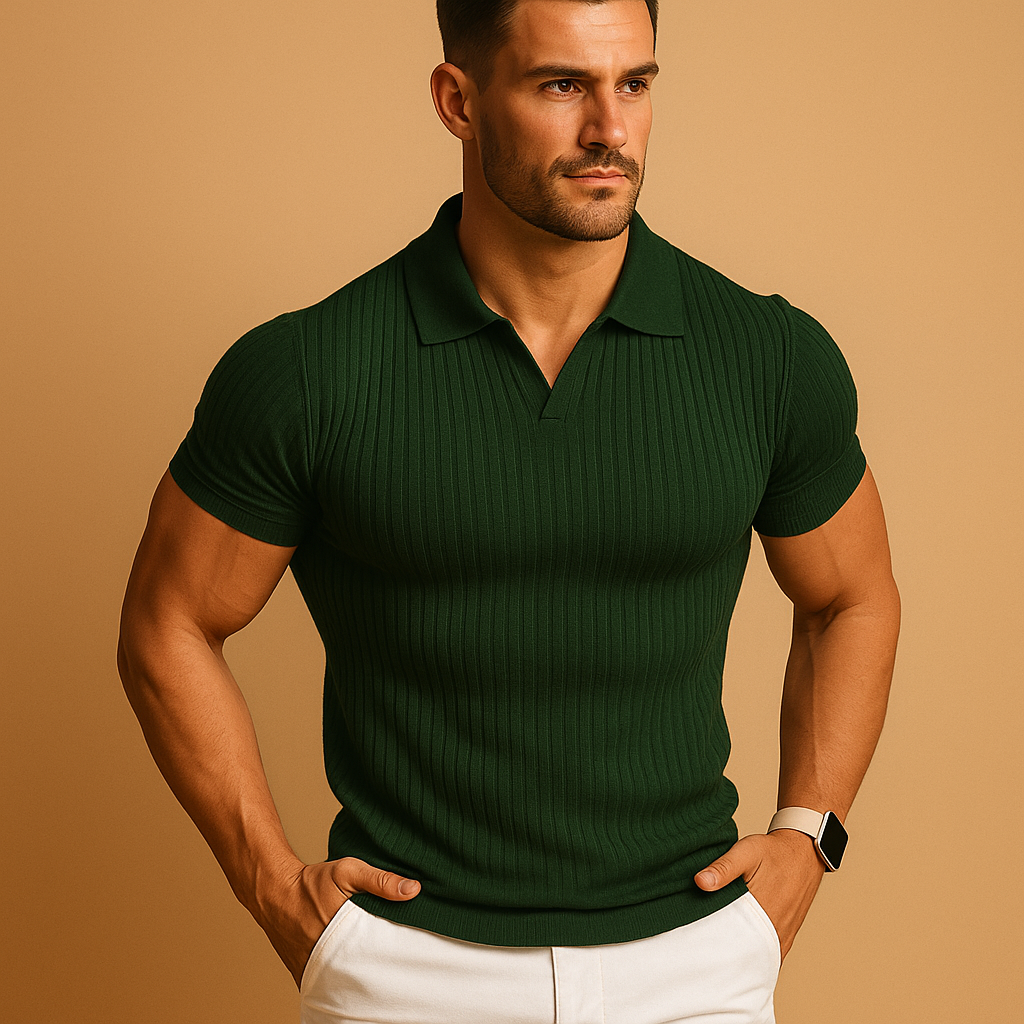 Men's Slim Fit Polo Shirt with V-Neck and Lapel Collar