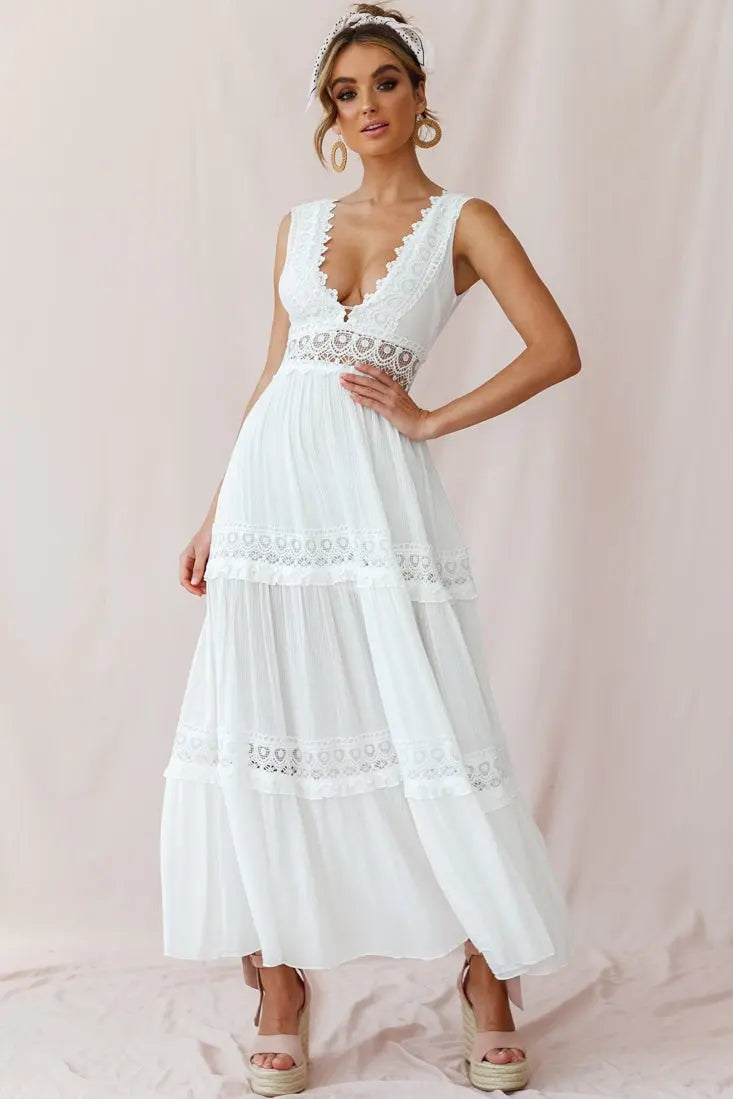Women's Boho Maxi Dress with Crochet Inserts