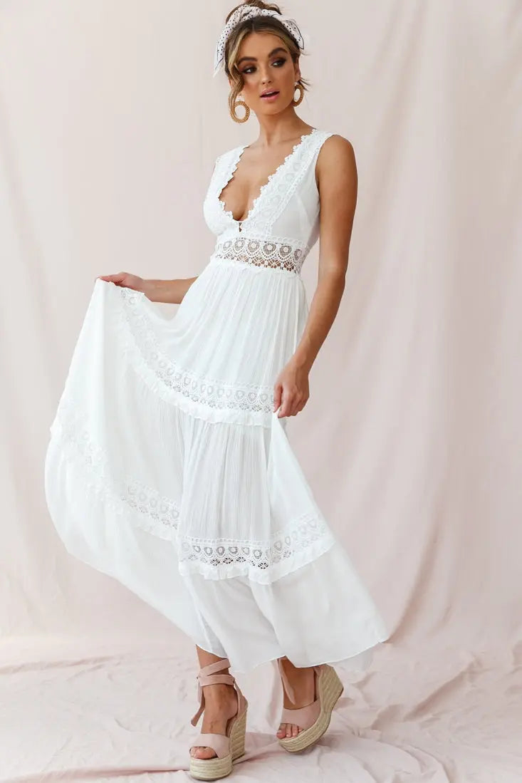 Women's Boho Maxi Dress with Crochet Inserts