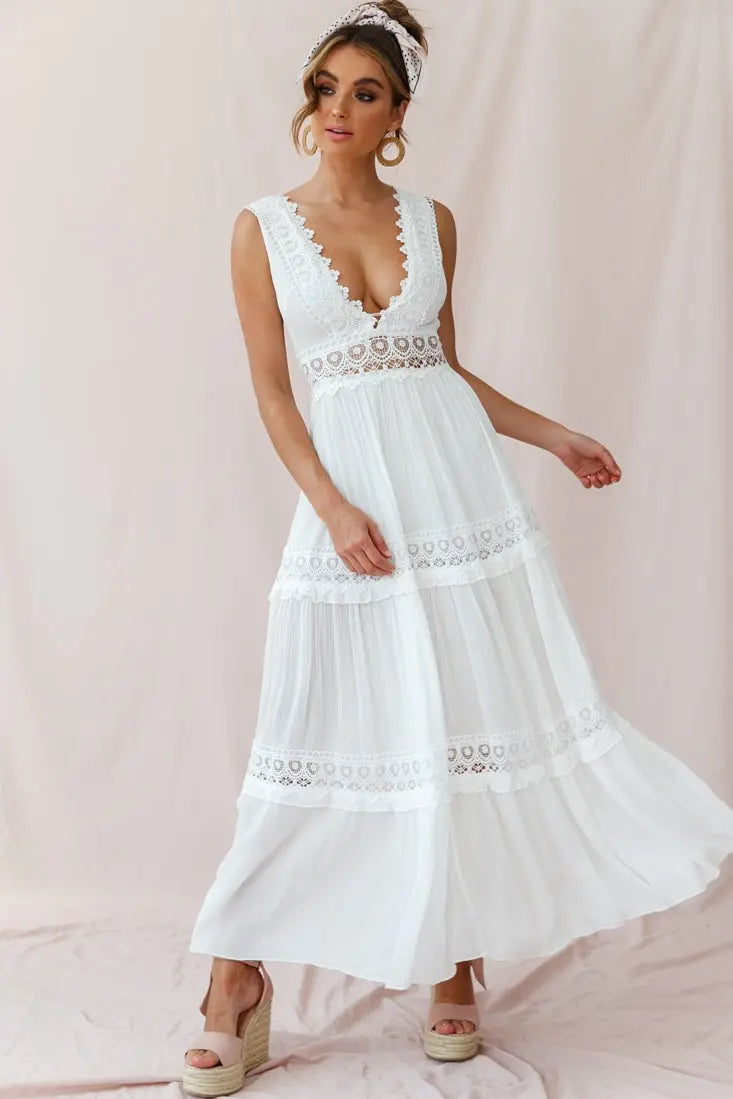 Women's Boho Maxi Dress with Crochet Inserts