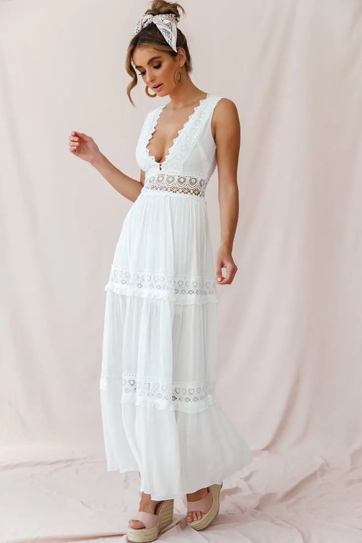 Women's Boho Maxi Dress with Crochet Inserts
