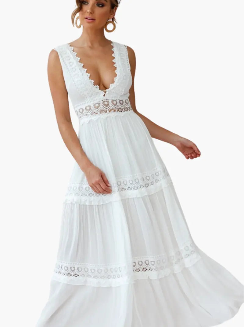 Women's Boho Maxi Dress with Crochet Inserts
