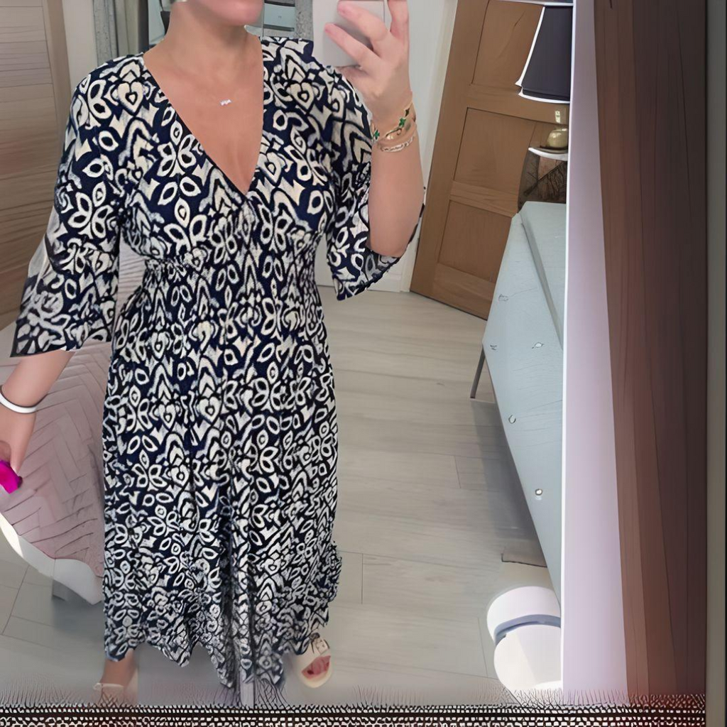 Women's Boho Maxi Dress with V-Neck and 3/4 Sleeves