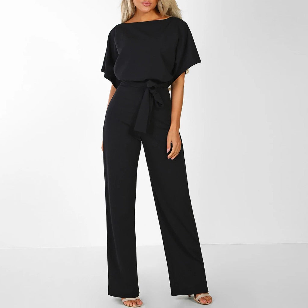Women's Chic Wide Leg Jumpsuit with Lace-Up Waist Detail