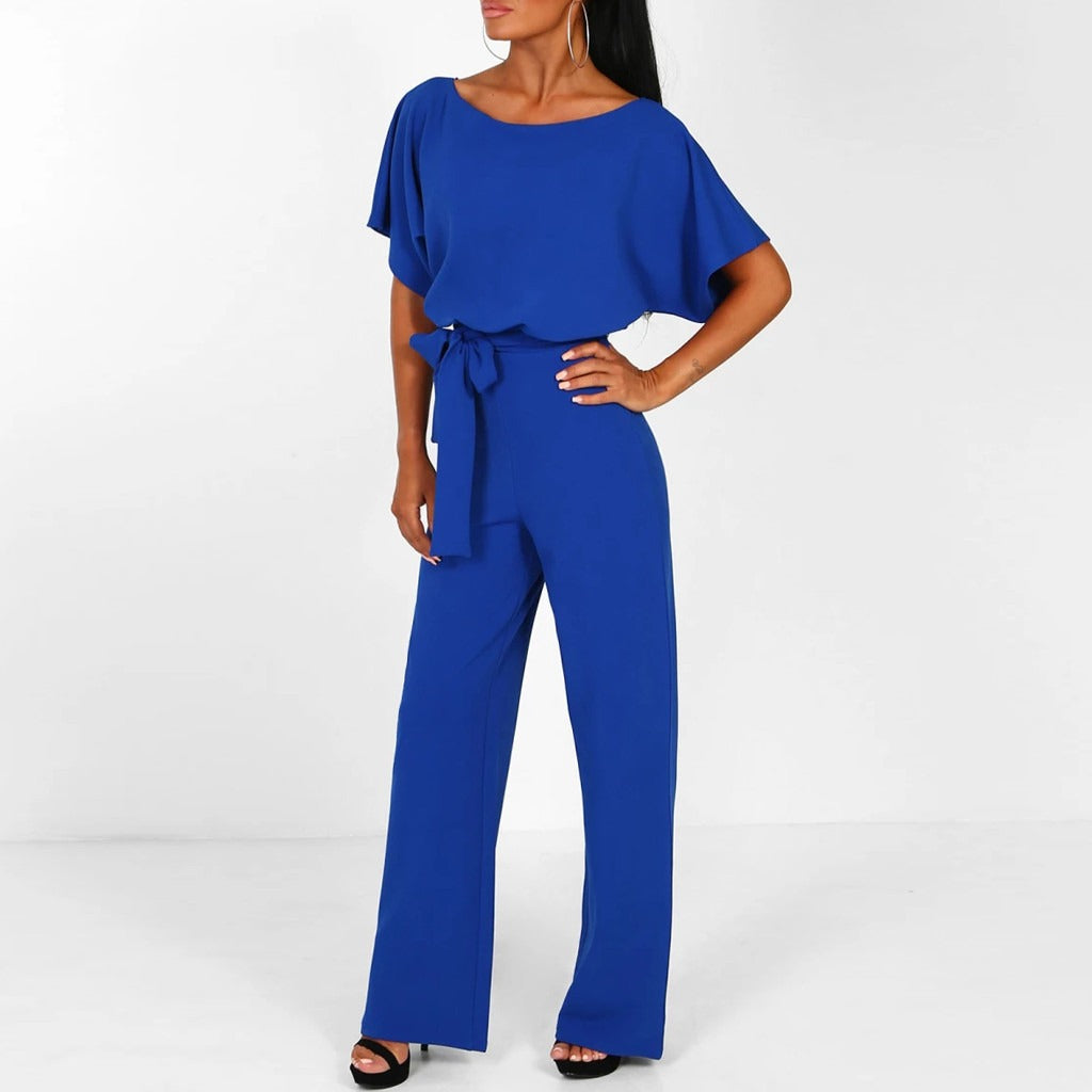 Women's Chic Wide Leg Jumpsuit with Lace-Up Waist Detail