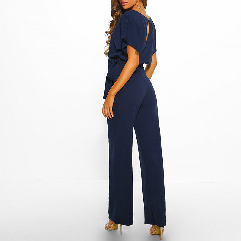 Women's Chic Wide Leg Jumpsuit with Lace-Up Waist Detail