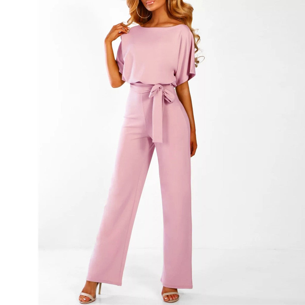 Women's Chic Wide Leg Jumpsuit with Lace-Up Waist Detail