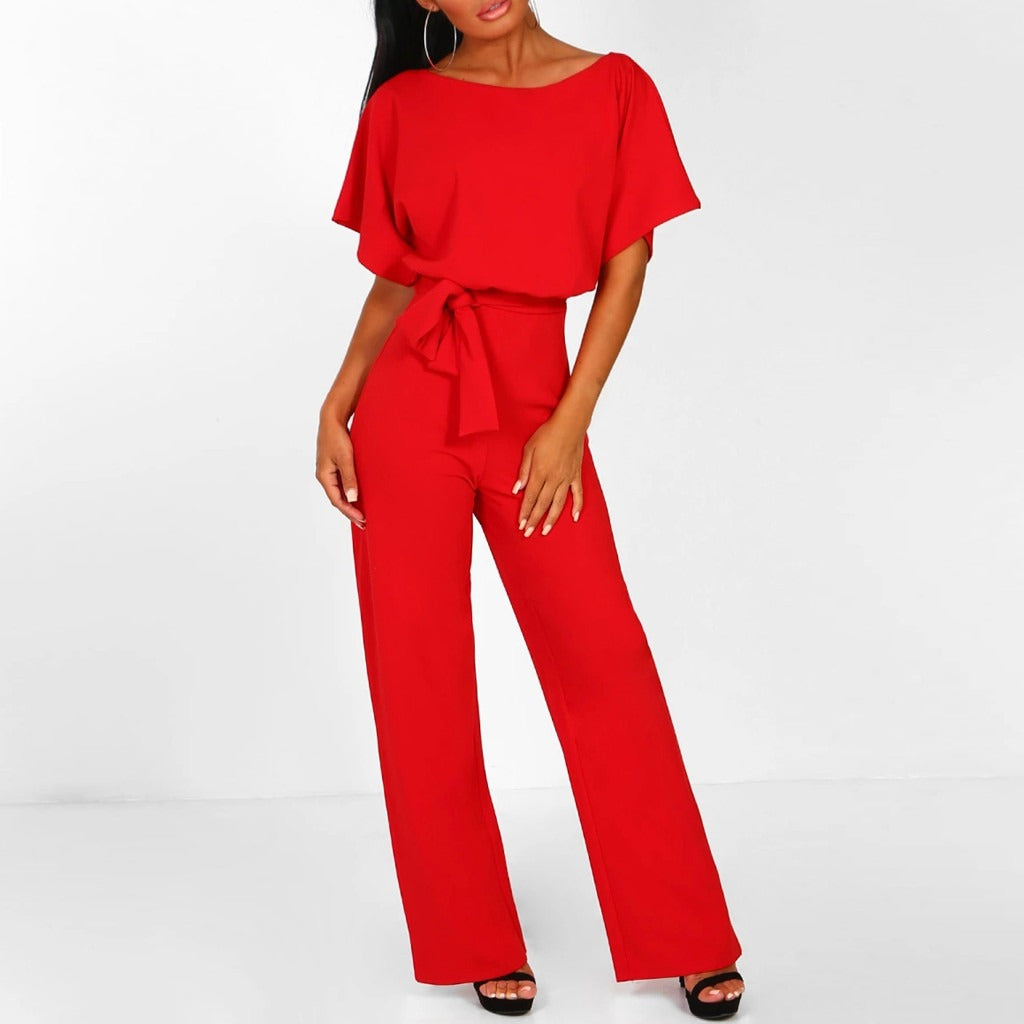 Women's Chic Wide Leg Jumpsuit with Lace-Up Waist Detail