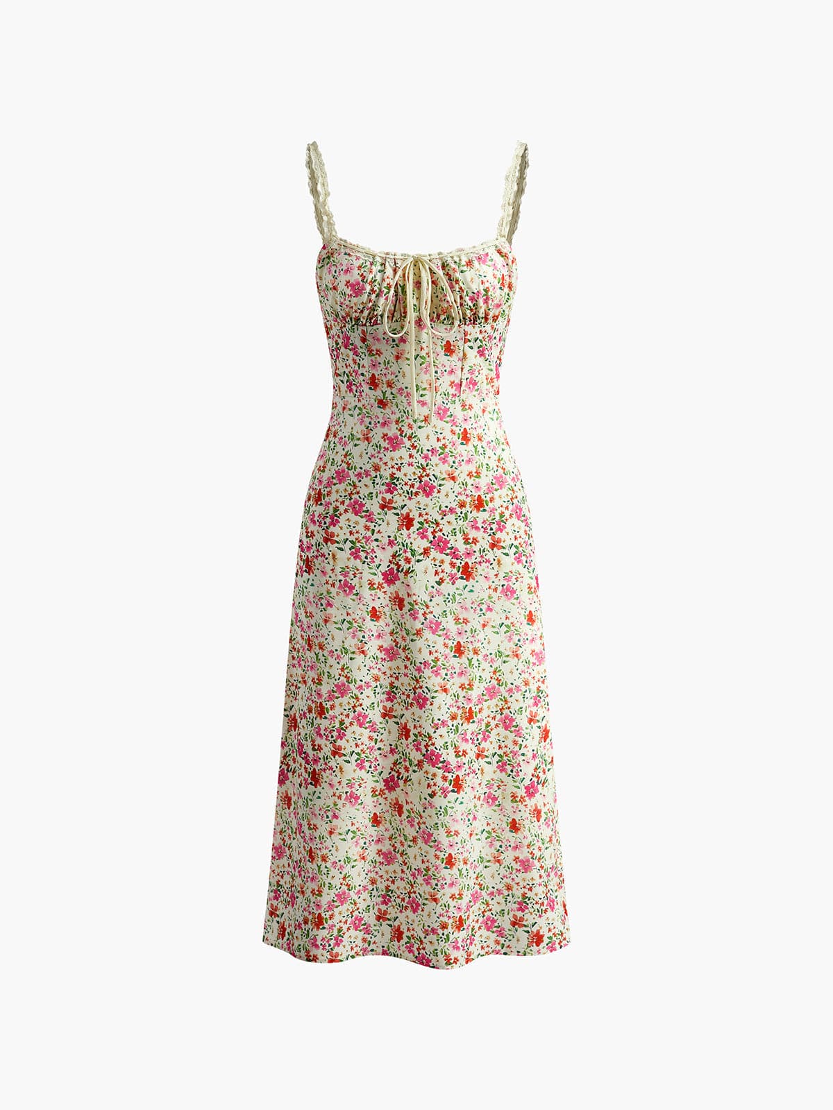 Women's Floral Summer Midi Dress with Lace-Up Details