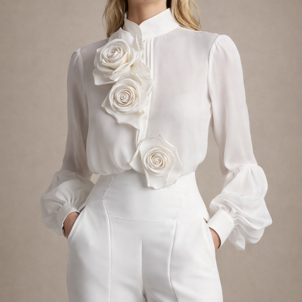 Women's Long Sleeve Chiffon Blouse with 3D Rose Accents