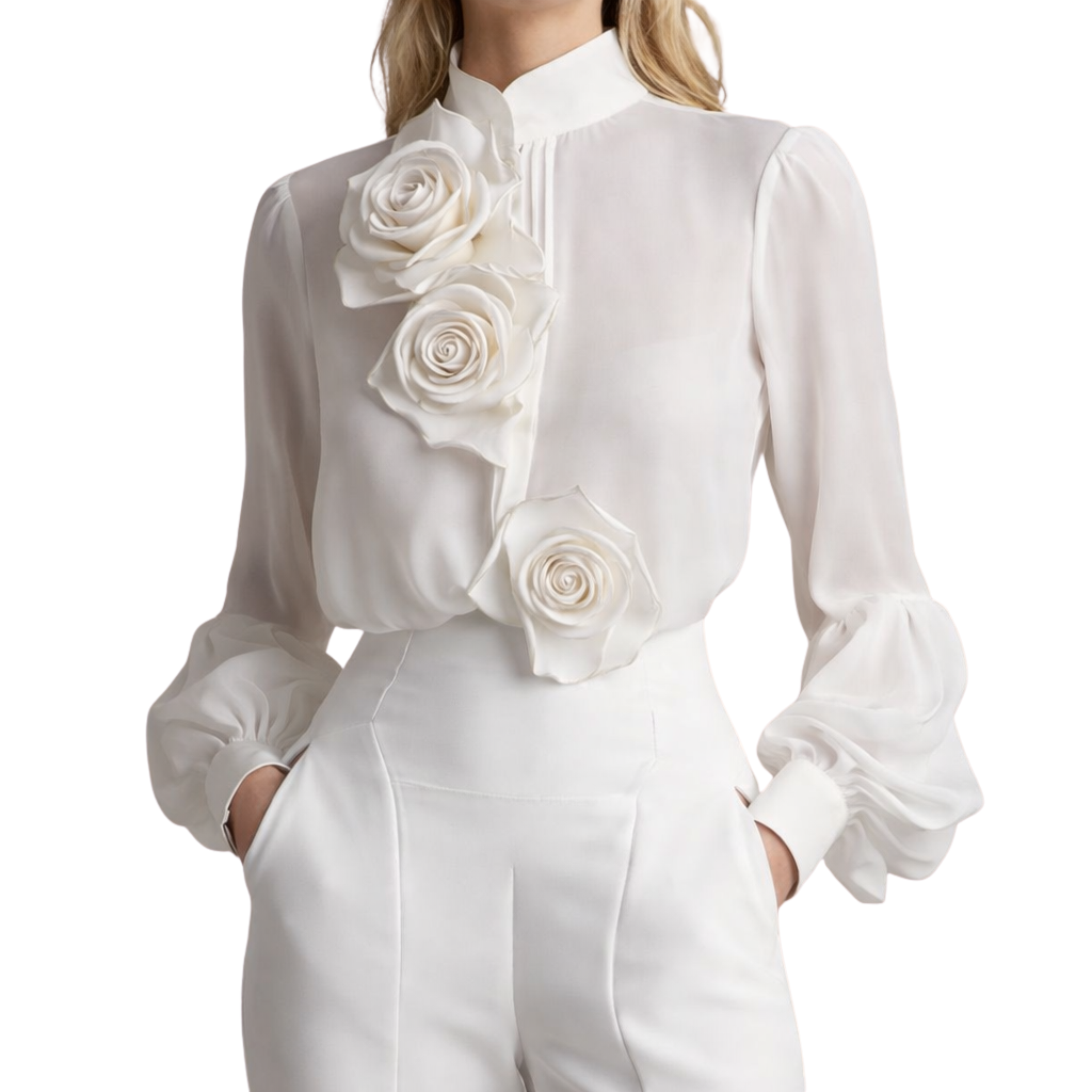 Women's Long Sleeve Chiffon Blouse with 3D Rose Accents