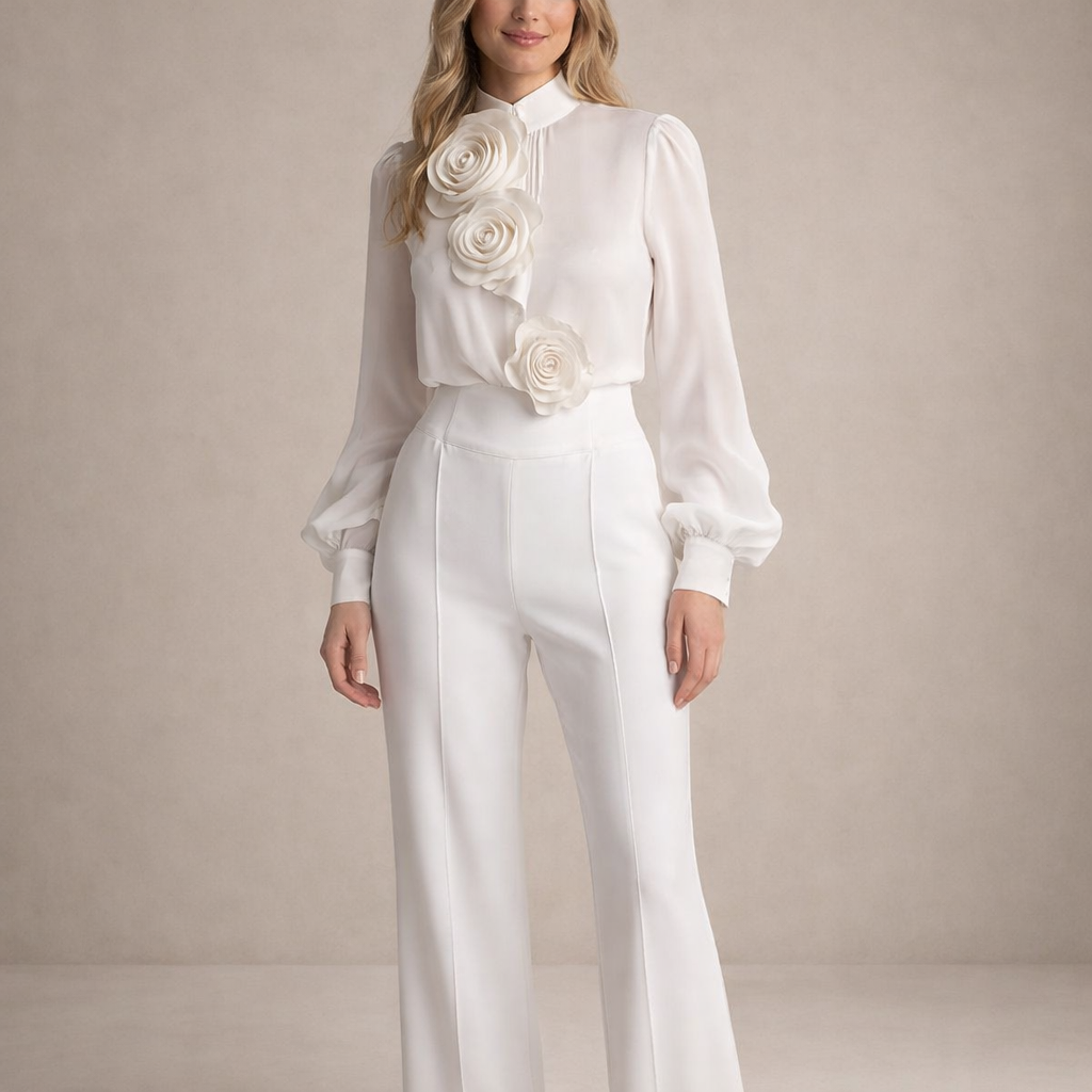 Women's Long Sleeve Chiffon Blouse with 3D Rose Accents