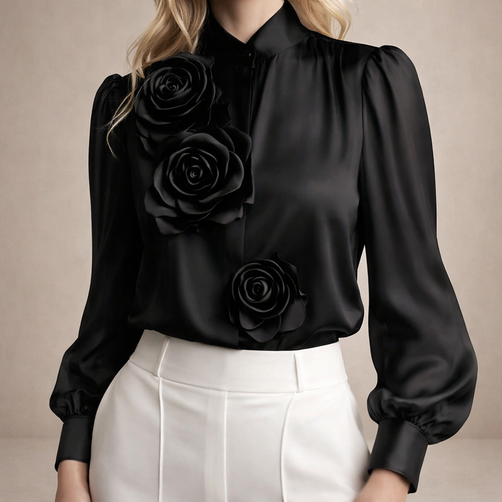 Women's Long Sleeve Chiffon Blouse with 3D Rose Accents