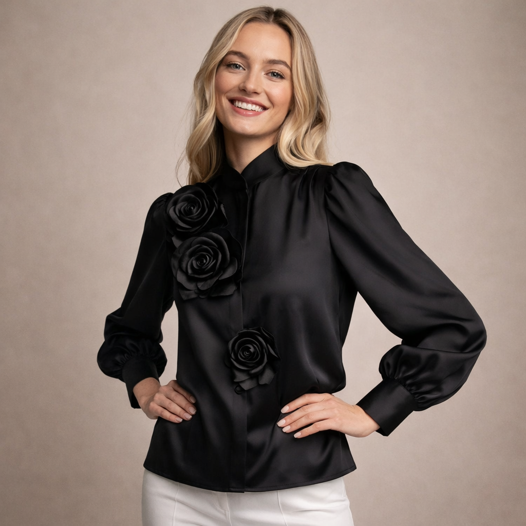Women's Long Sleeve Chiffon Blouse with 3D Rose Accents