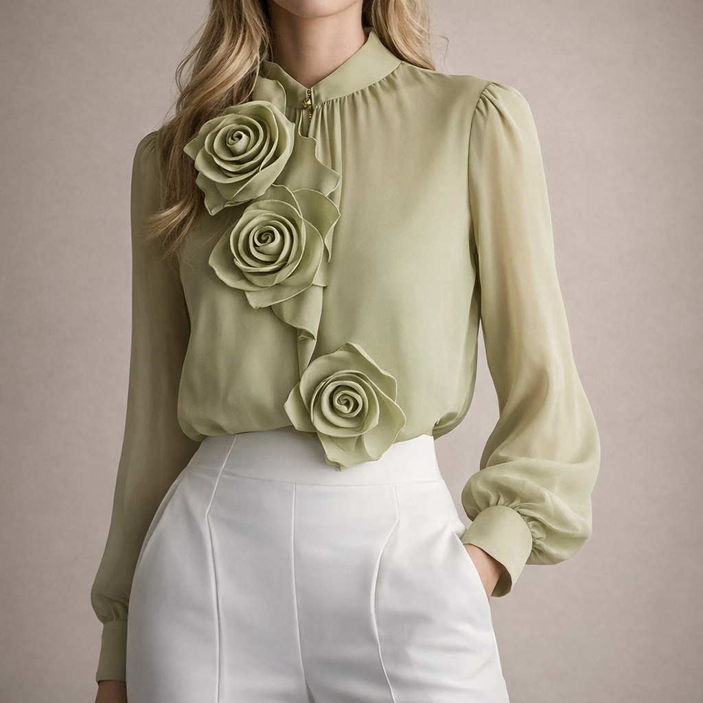 Women's Long Sleeve Chiffon Blouse with 3D Rose Accents