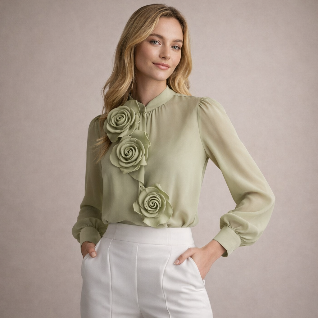 Women's Long Sleeve Chiffon Blouse with 3D Rose Accents