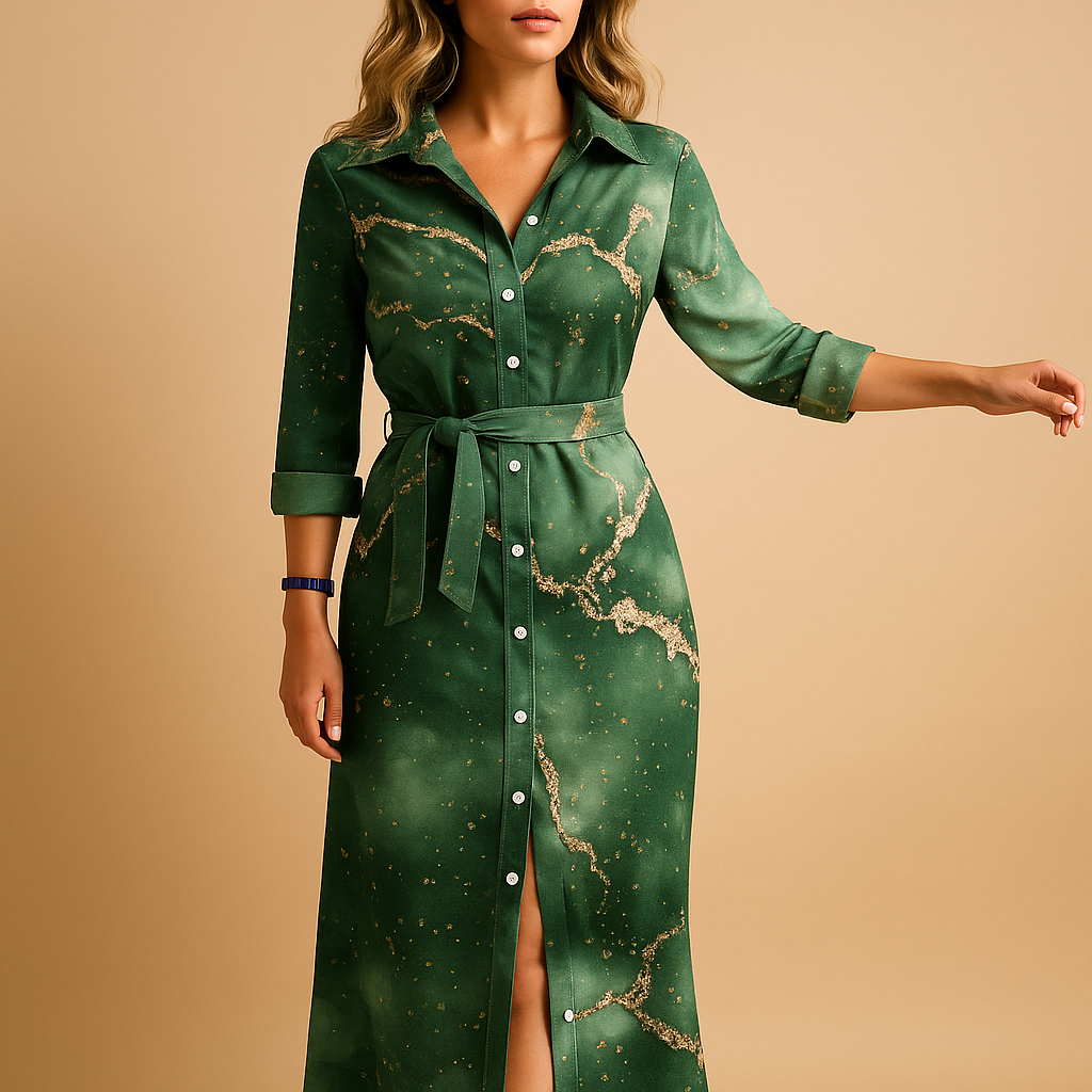 Women's Summer Maxi Dress with Shirt Collar and Tie Waist
