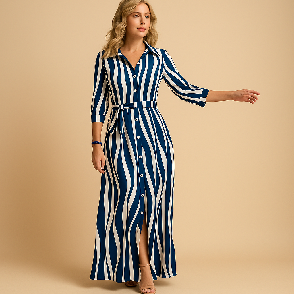 Women's Summer Maxi Dress with Shirt Collar and Tie Waist