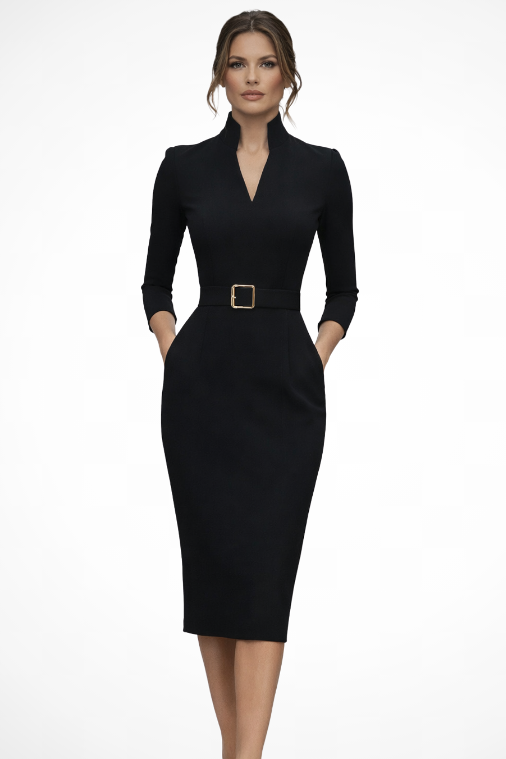 Women's Tailored Belted Long Sleeve Midi Dress