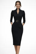 Women's Tailored Belted Long Sleeve Midi Dress
