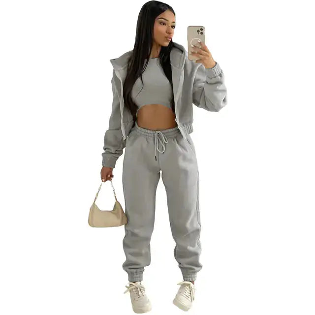 Women's Three-Piece Loungewear Set - Hoodie, Bralette, Joggers
