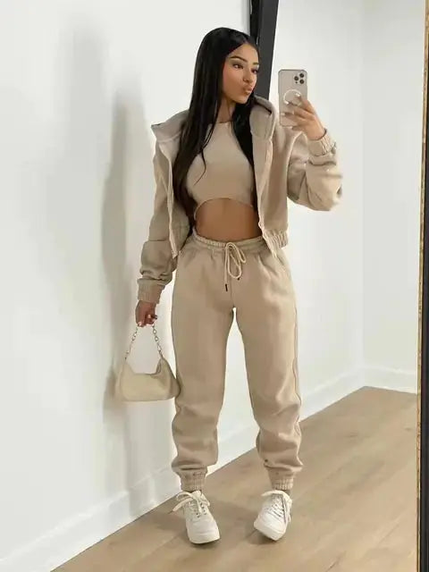 Women's Three-Piece Loungewear Set - Hoodie, Bralette, Joggers