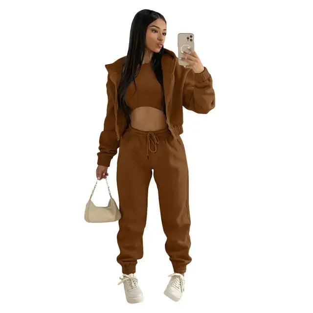 Women's Three-Piece Loungewear Set - Hoodie, Bralette, Joggers