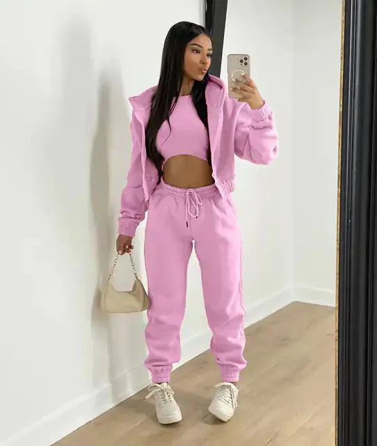 Women's Three-Piece Loungewear Set - Hoodie, Bralette, Joggers