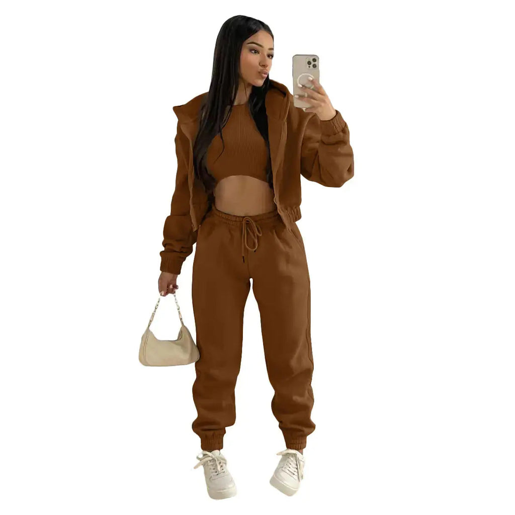 Women's Three-Piece Loungewear Set - Hoodie, Bralette, Joggers