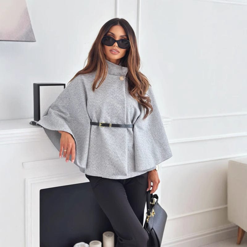 Women's Wool Cape with High Collar and Waist Belt
