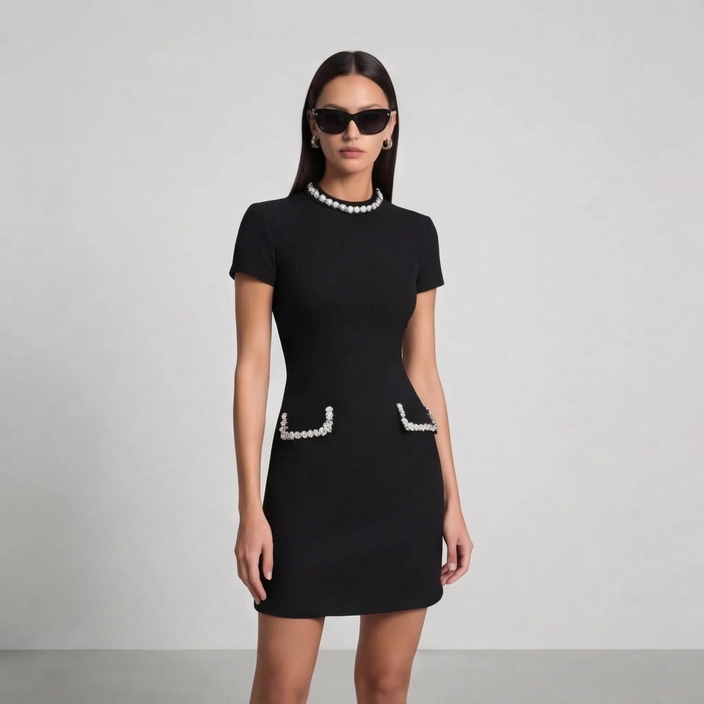 Women's Pearl Trim Mini Dress with Pocket Detail