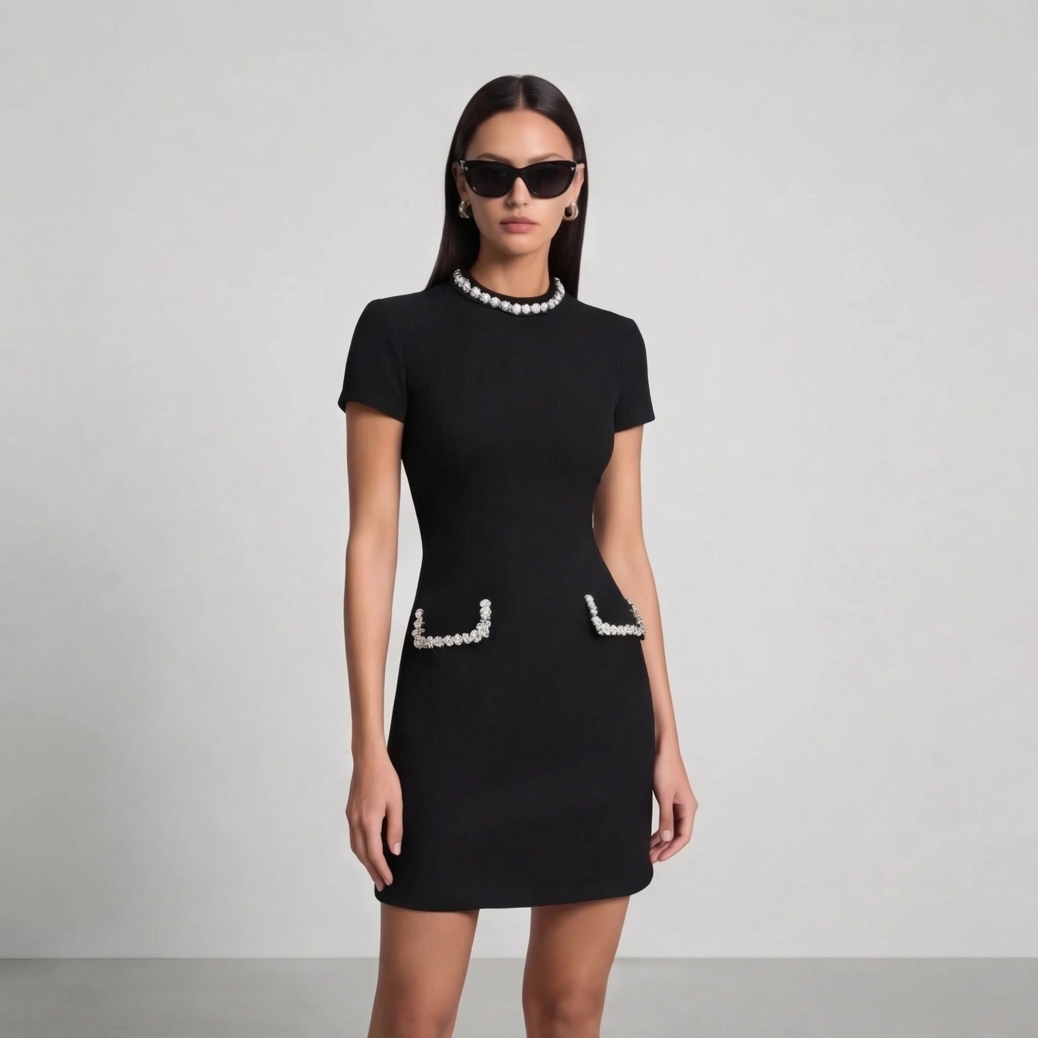 Women's Pearl Trim Mini Dress with Pocket Detail