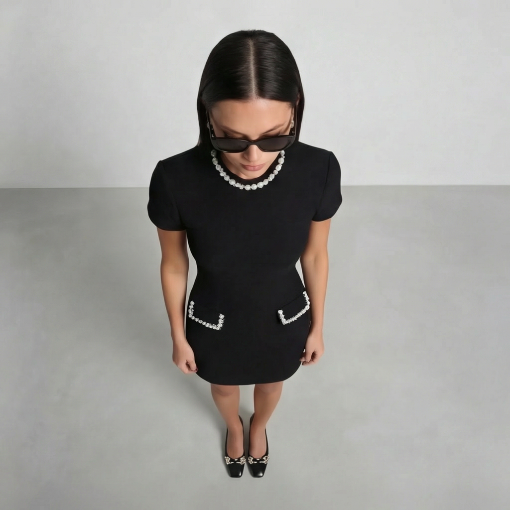 Women's Pearl Trim Mini Dress with Pocket Detail