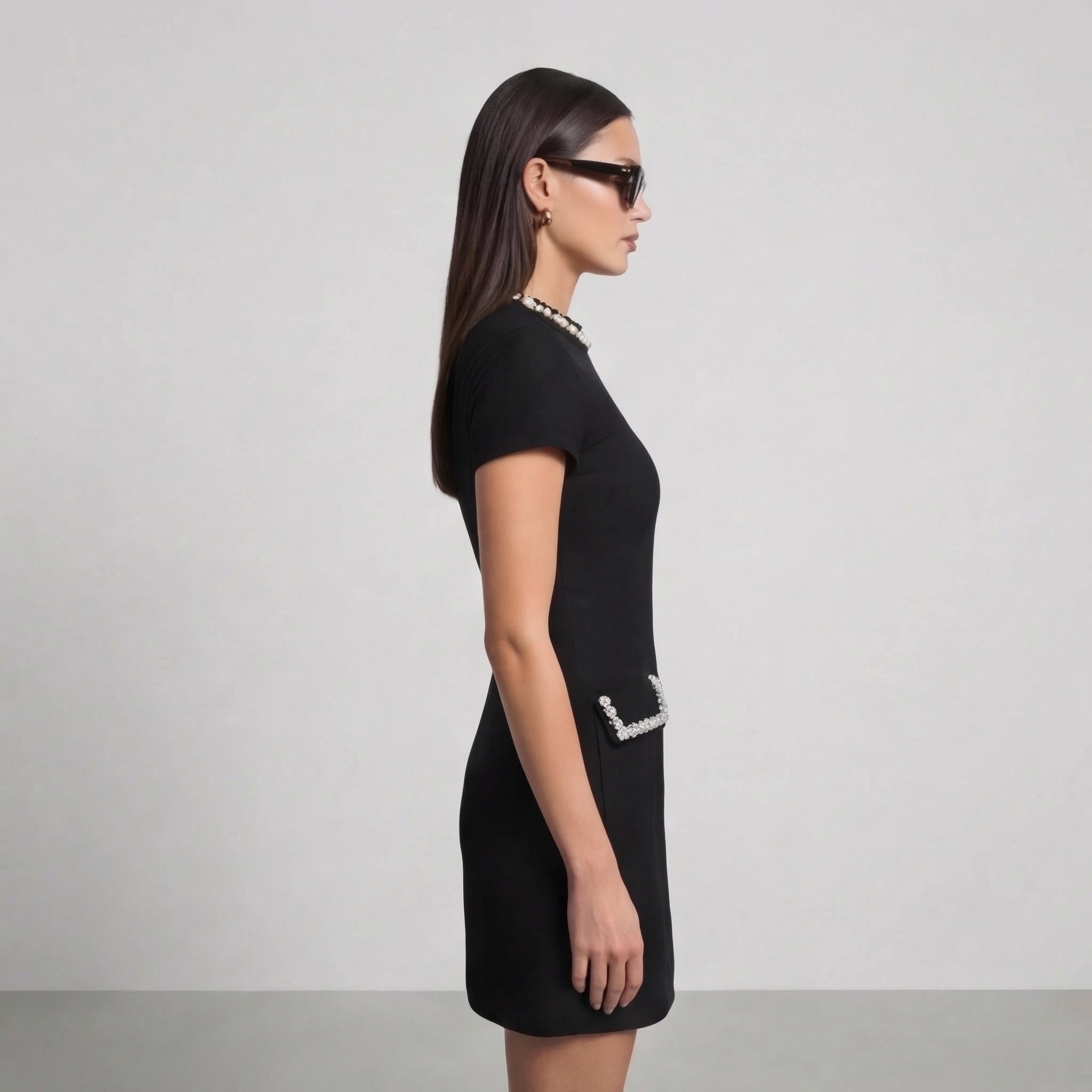 Women's Pearl Trim Mini Dress with Pocket Detail