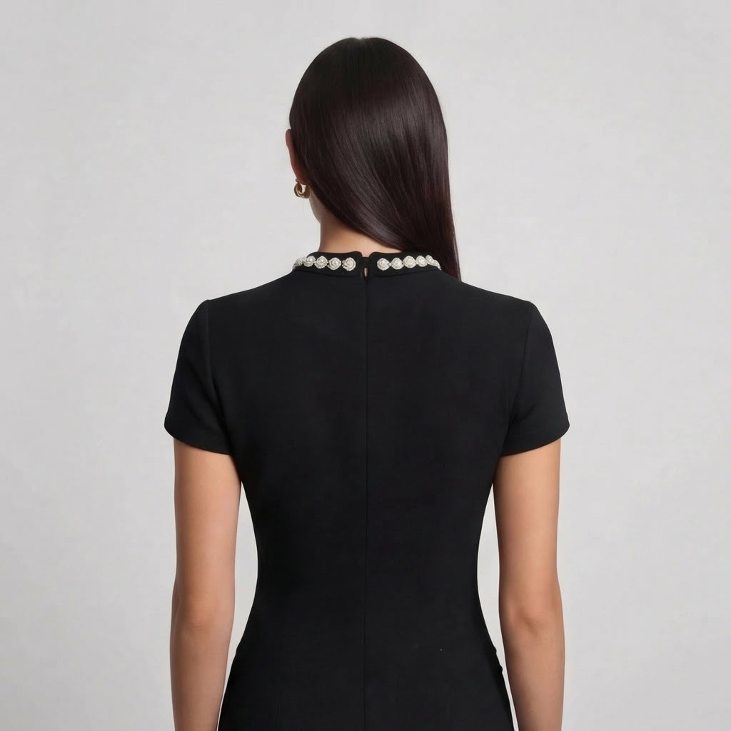 Women's Pearl Trim Mini Dress with Pocket Detail