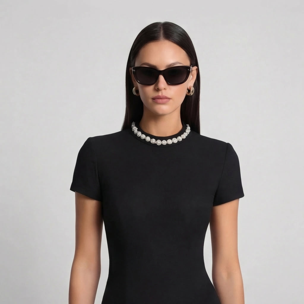 Women's Pearl Trim Mini Dress with Pocket Detail