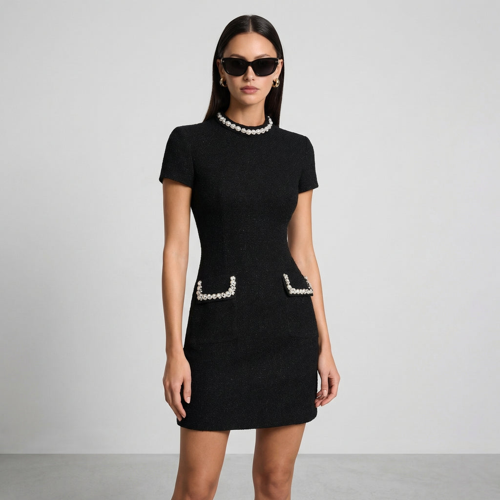 Women's Pearl Trim Mini Dress with Pocket Detail
